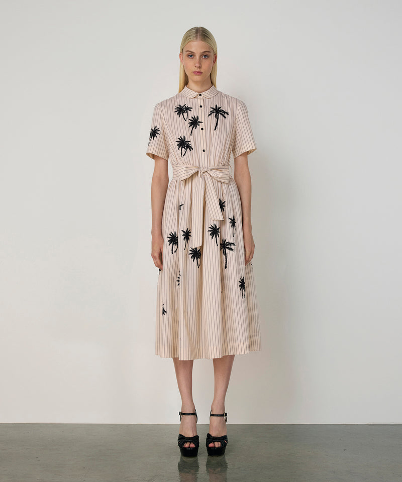 Machka Palm Embroidered Shirt Dress Beige