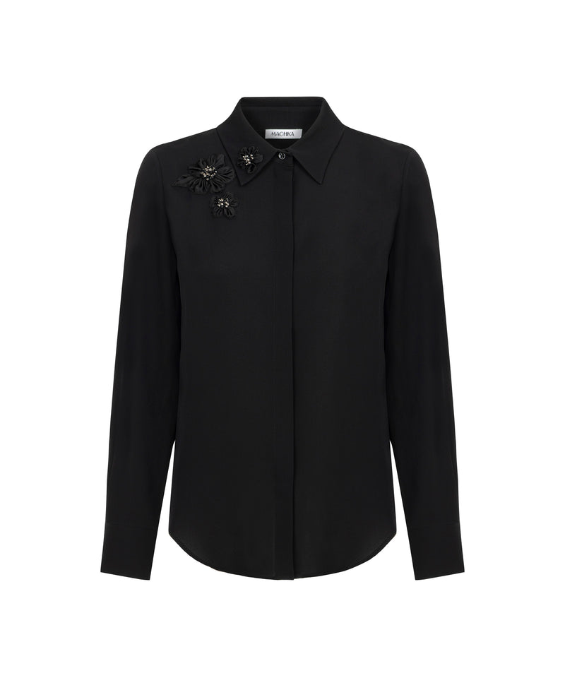 Machka Floral-Appliqué Silk Blouse Black