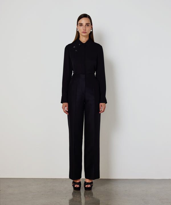 Machka Floral-Appliqué Silk Blouse Black