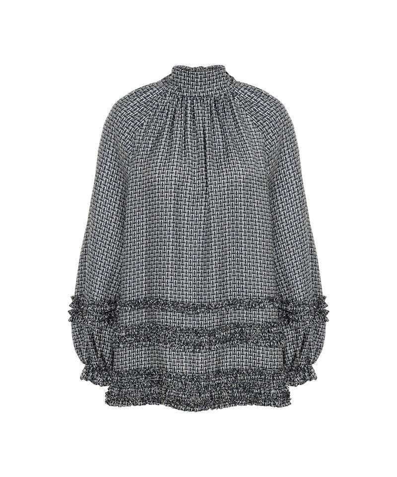 Machka Monogram Print Silk Blouse Navy