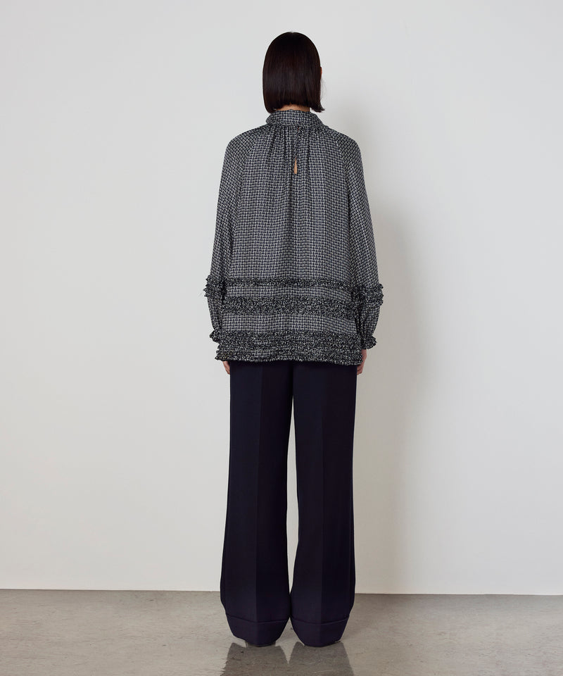 Machka Monogram Print Silk Blouse Navy