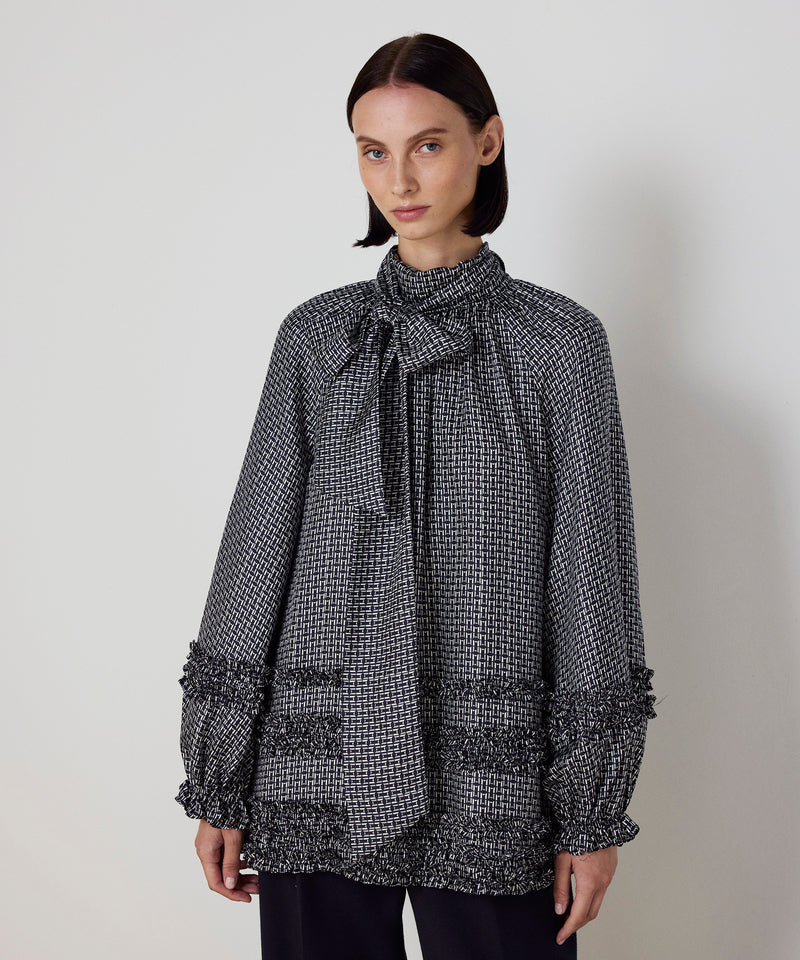 Machka Monogram Print Silk Blouse Navy