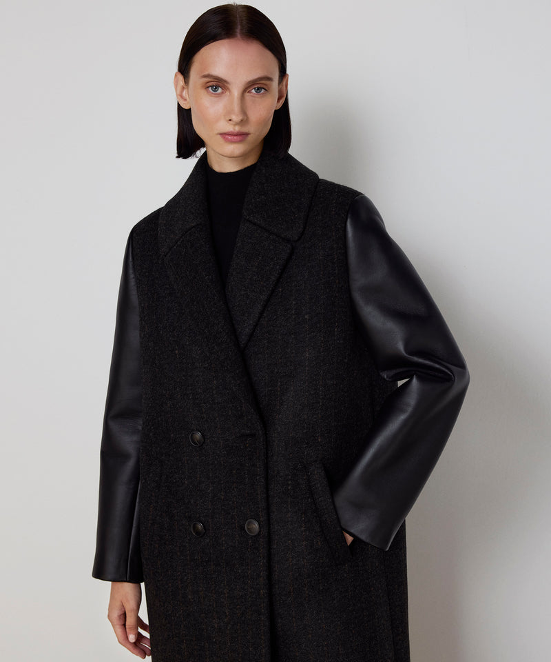 Machka Leather-Blend Linear Pattern Coat Anthracite