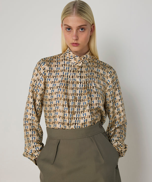 Machka Monogram Print Silk Shirt Beige