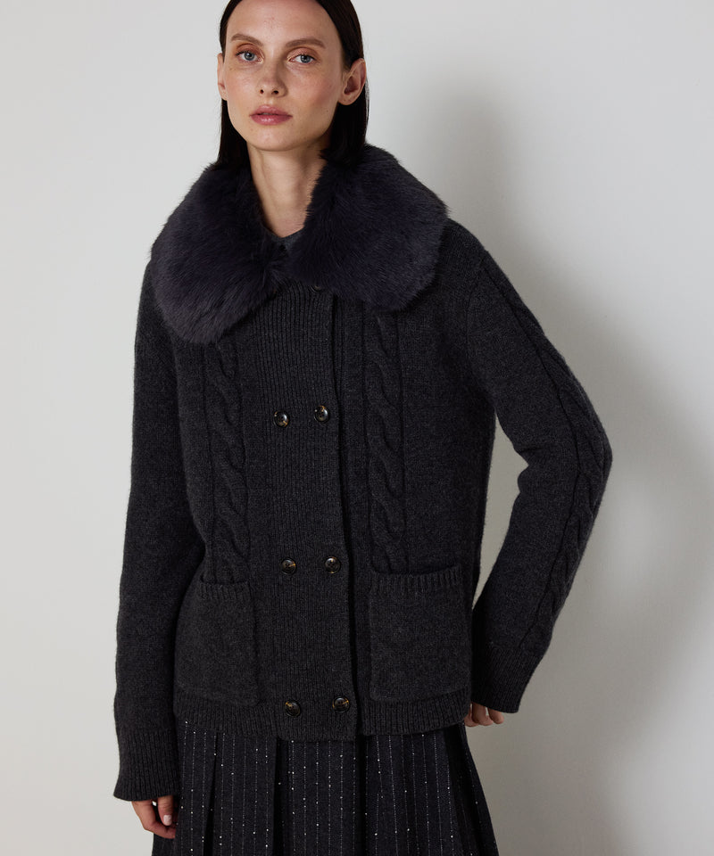 Machka Wool Cardigan With Faux Fur Anthracite - Black
