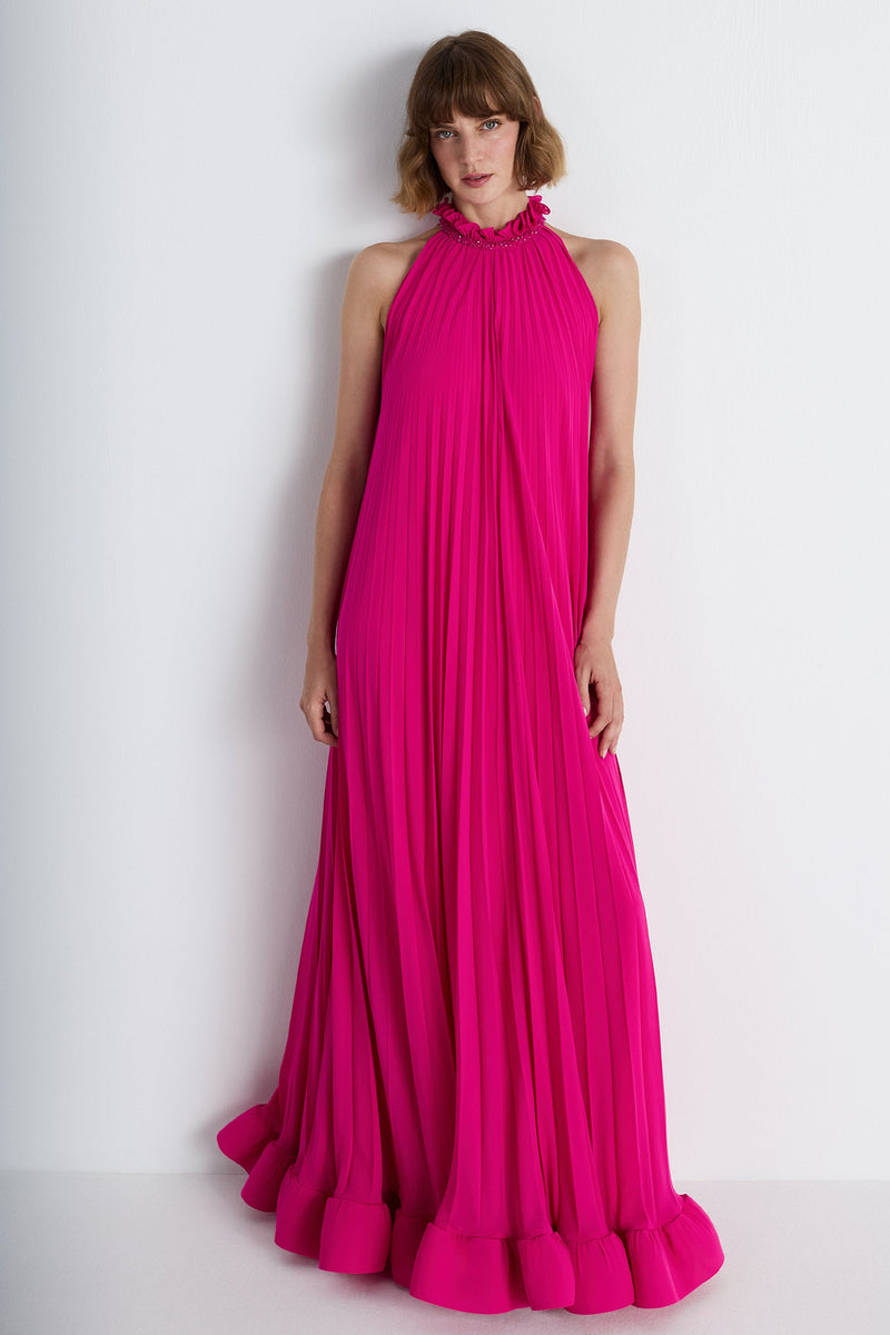Nean Pleated Halter Neck Gown Fuchsia