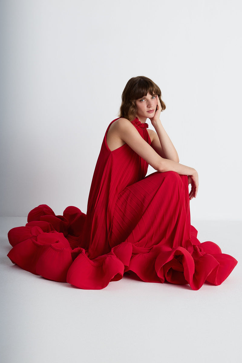 Nean Pleated Halter Neck Gown Red