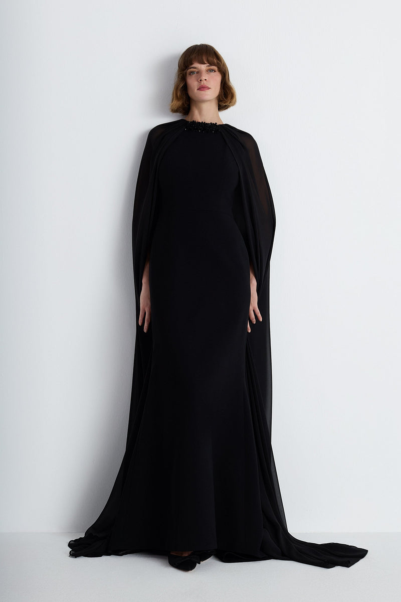 Nean Gown With Sheer Cape Black