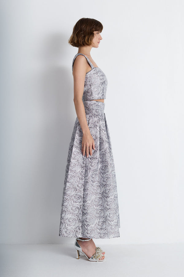 Nean Silver Brocade A-Line Midi Skirt Dark Silver