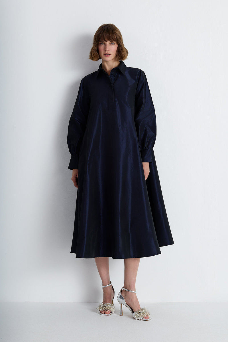 Nean Shirt-Collar A-Line Midi Dress Navy