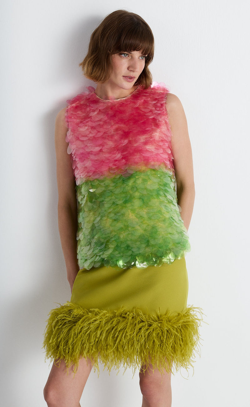 Nean Feather-Trim Mini Skirt Green