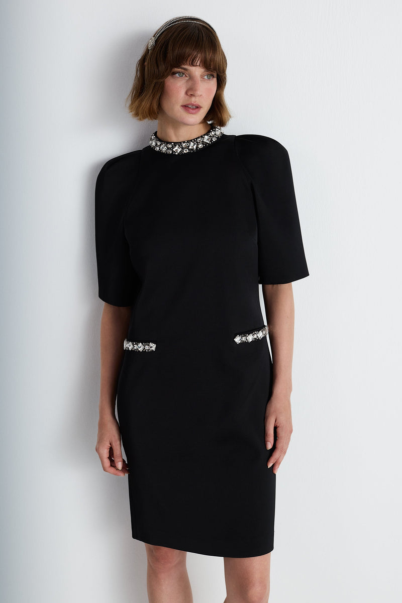 Nean Embellished Collar & Pocket Mini Dress Black