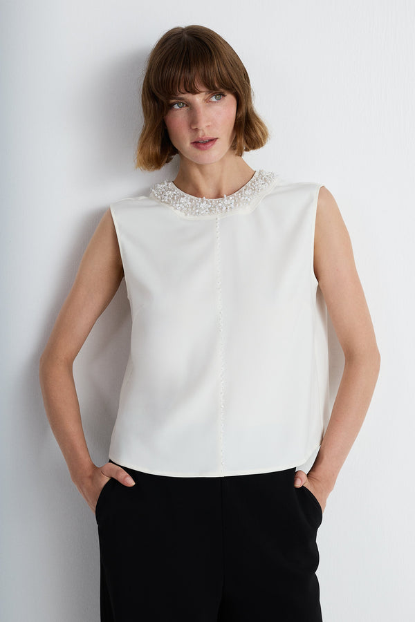 Nean Embellished Collar Sleeveless Top White