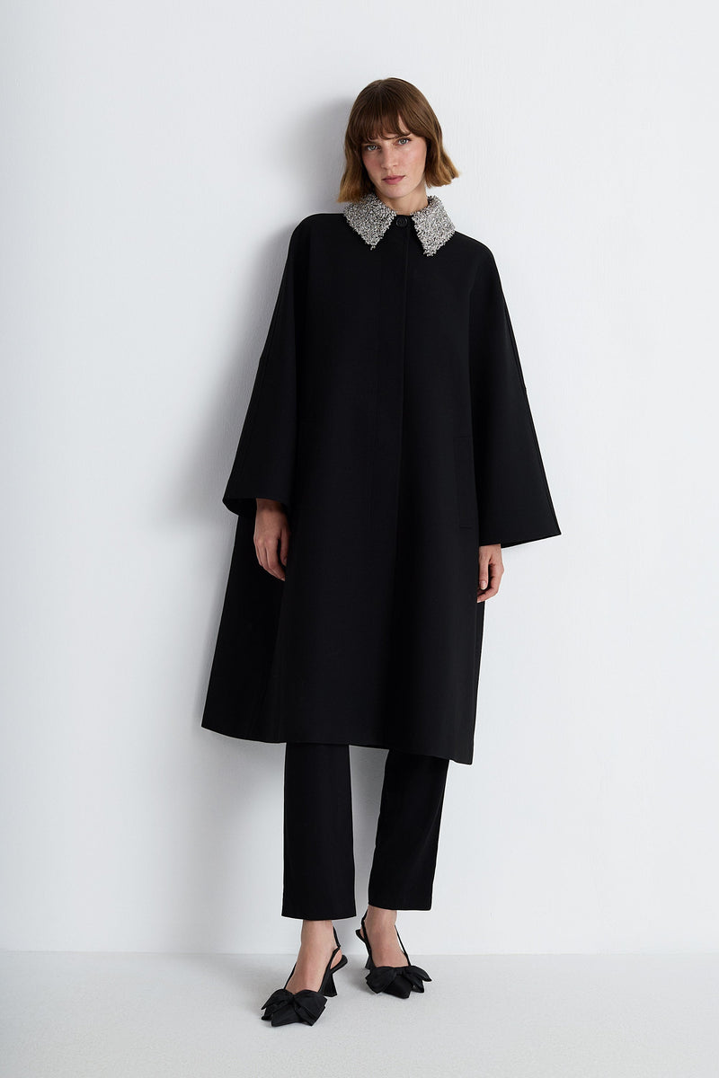 Nean Embellished Collar A-Line Coat Black