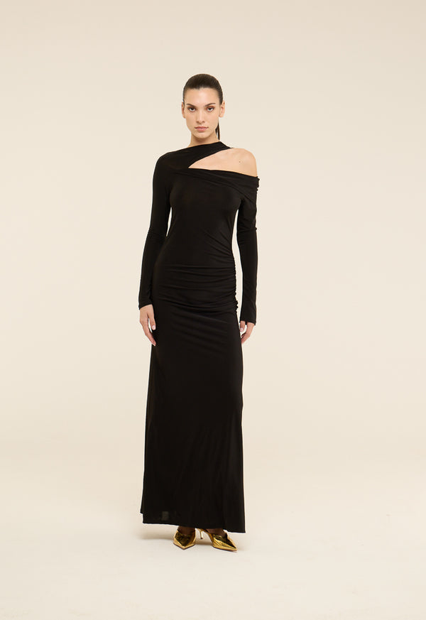 Riva Shoulder Cutout Gathered Gown Dress Black