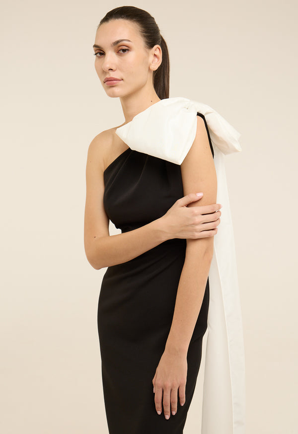 Riva One Shoulder Bow Detail Gown Dress Black-White