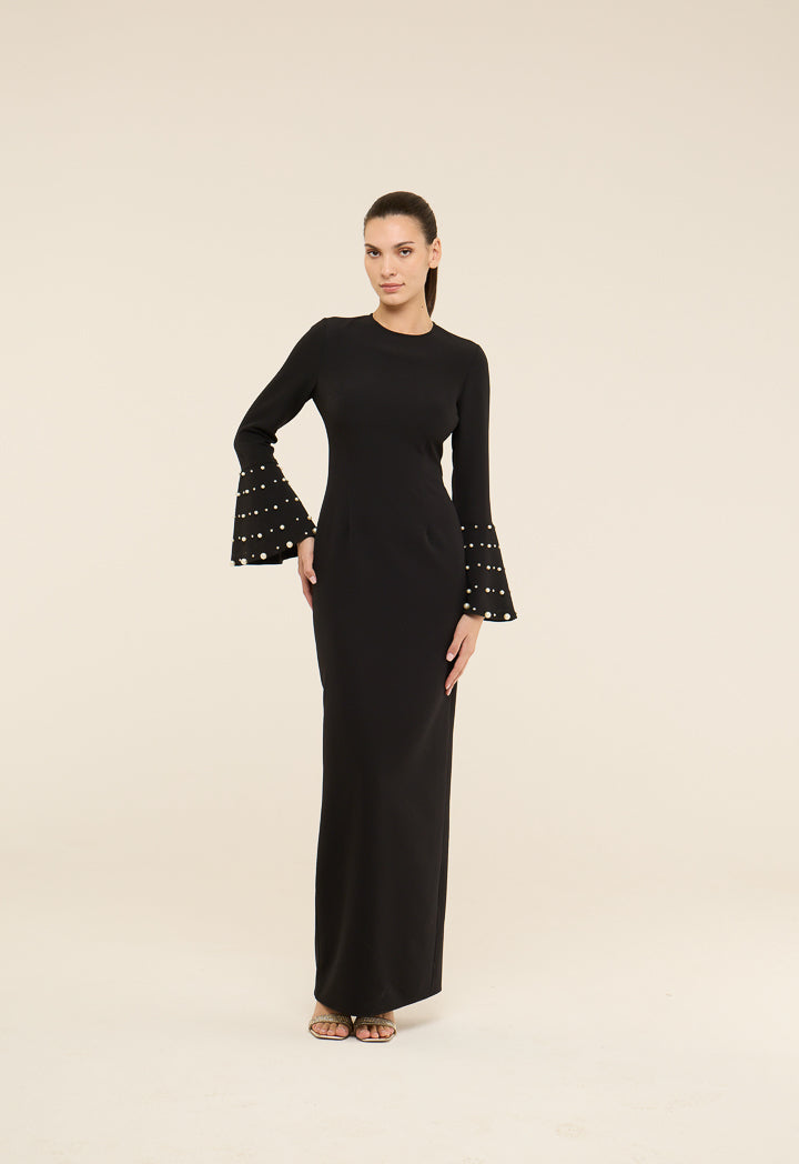 Riva Pearl And Crystal Embellished Gown Dress Black