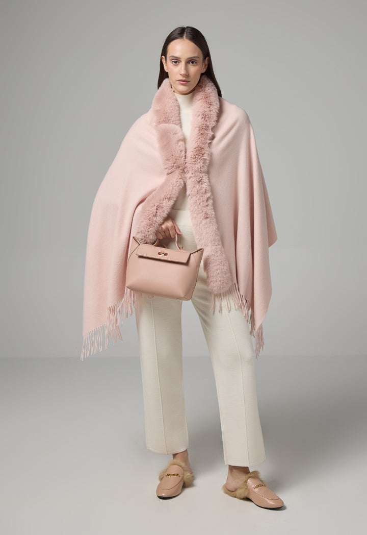 Choice Faux Fur Embellished Poncho Pink