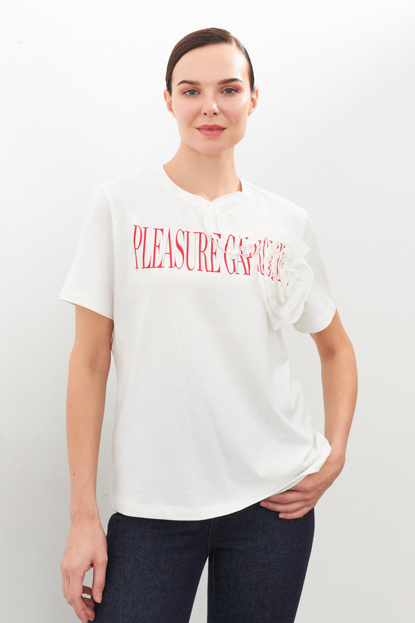 Setre Rose And Print Detailed T-Shirt Ecru-Red