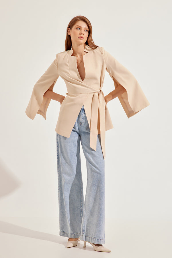 Setre Sleeve Detailed Jacket With Tie Detail Beige