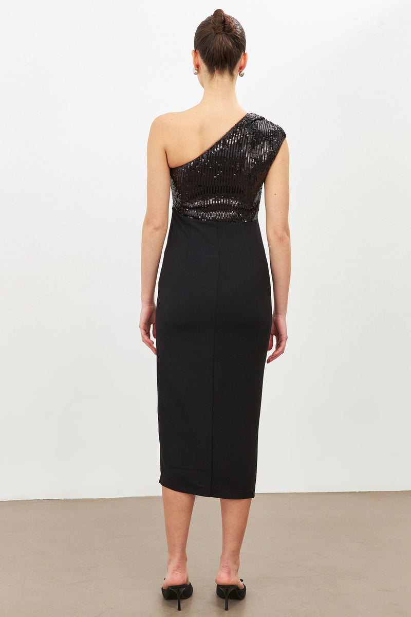 Setre Shoulder Detailed Sequined Dress Black