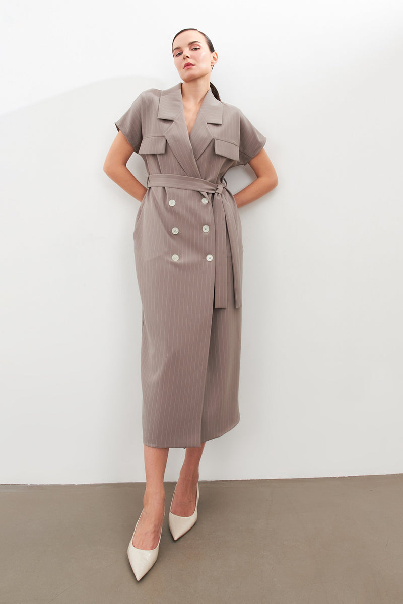 Setre Striped Belted Midi Dress Grey