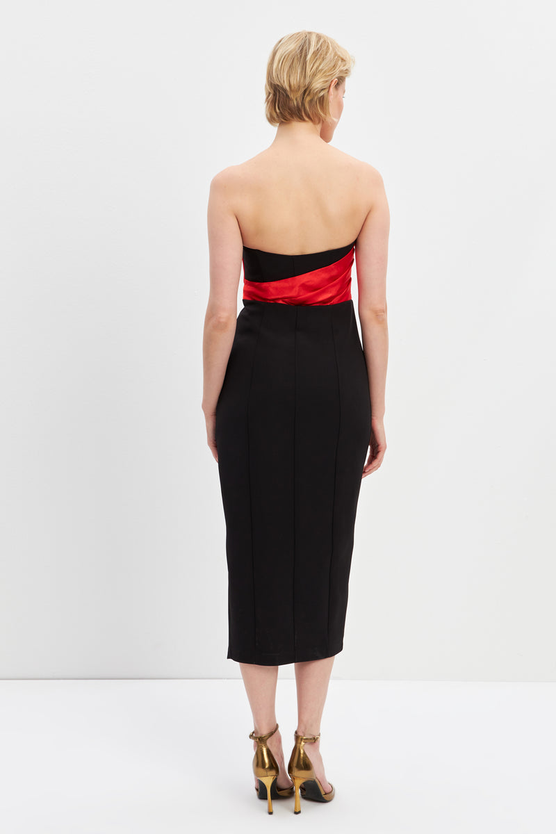 Setre Strapless Slit Detailed Midi Dress Black-Red