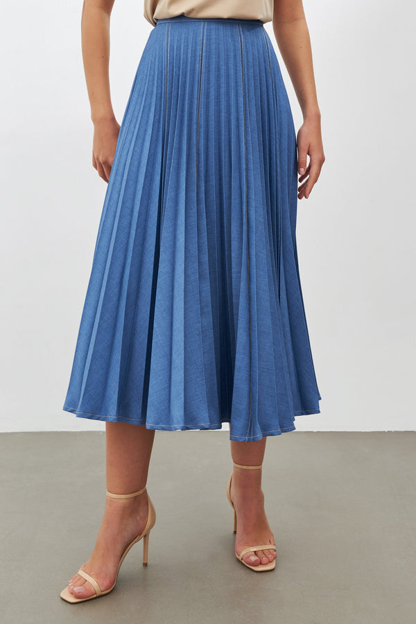 Setre Pleated Detail Midi Skirt Blue