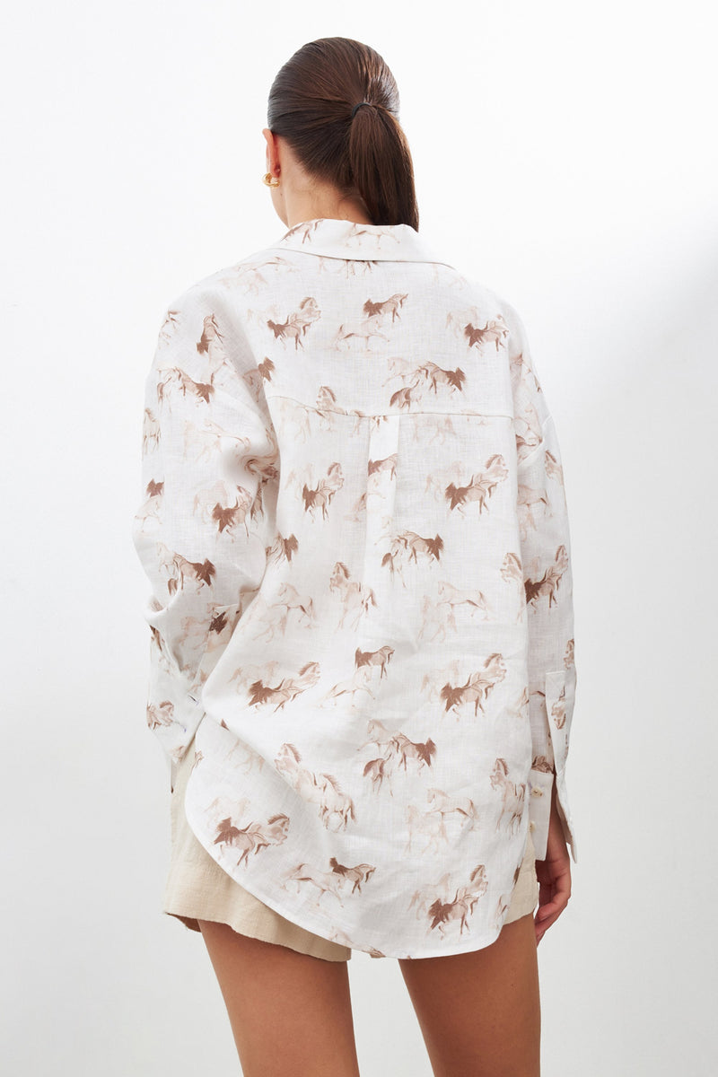 Setre Printed Detailed Linen Shirt Ecru-Brown