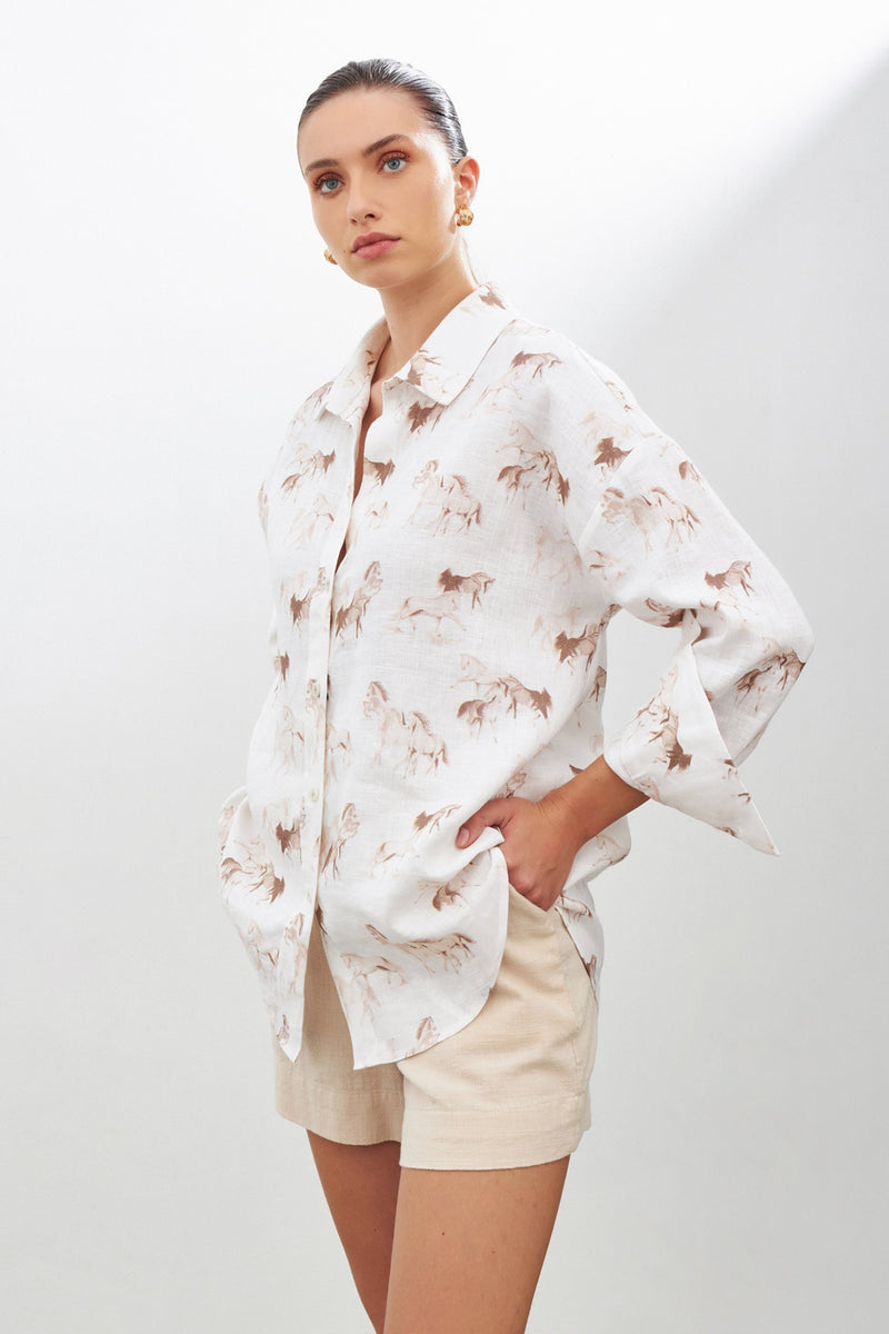 Setre Printed Detailed Linen Shirt Ecru-Brown