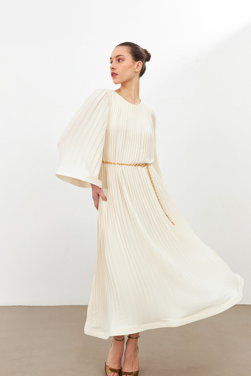 Setre Pleat Detailed Belted Dress Light Beige