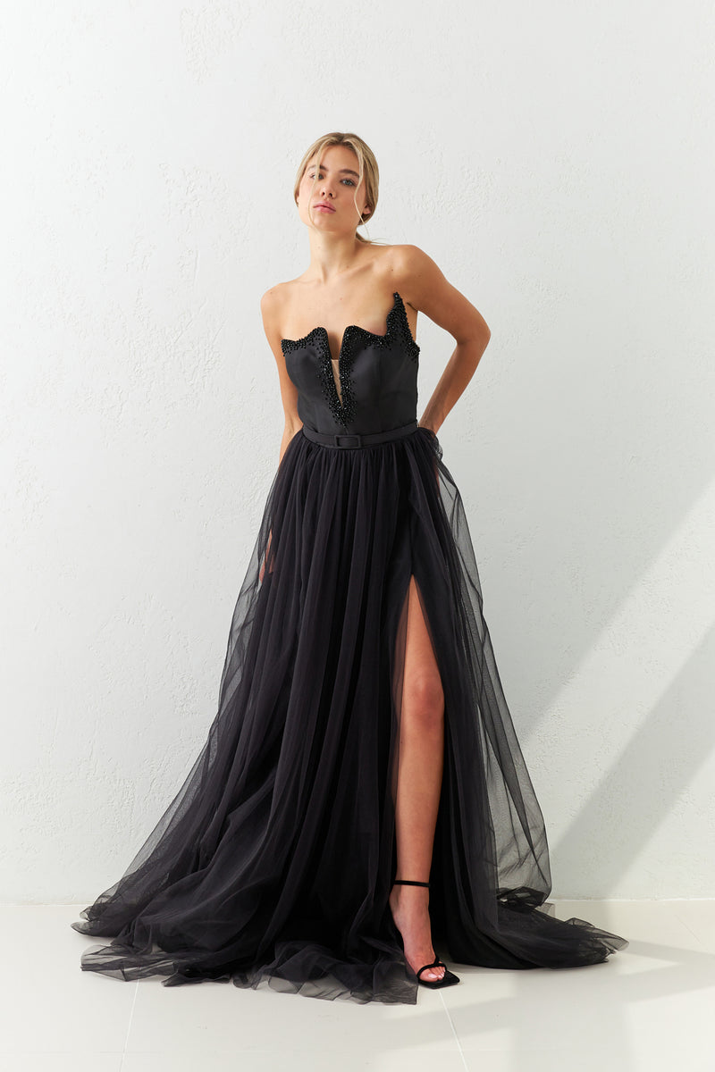 Setre Sweetheart Neckline Tulle Evening Dress Black