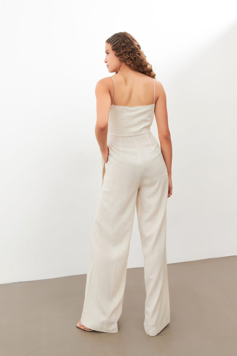 Setre Surplice Neck Tie Detail Jumpsuit Beige