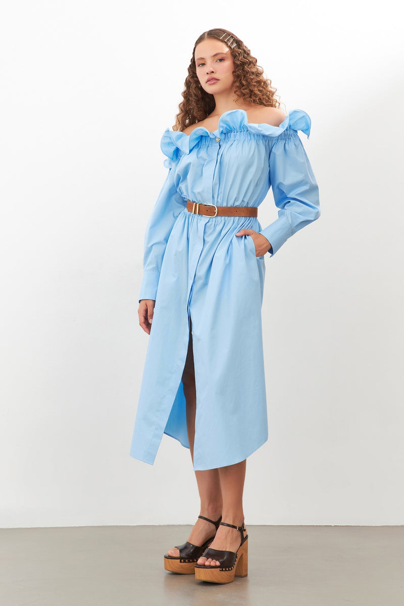 Setre Off-Shoulder Belted Button-Up Dress Blue