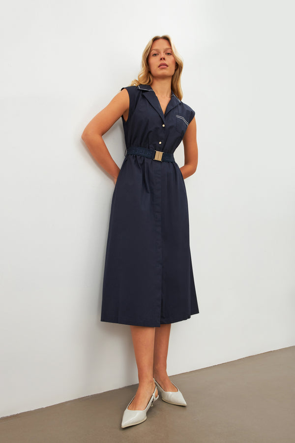 Setre Embroidered Detail Midi Dress Navy