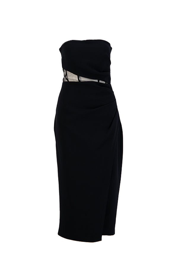 Setre Strapless Waist Translucent Detail Slit Dress Black