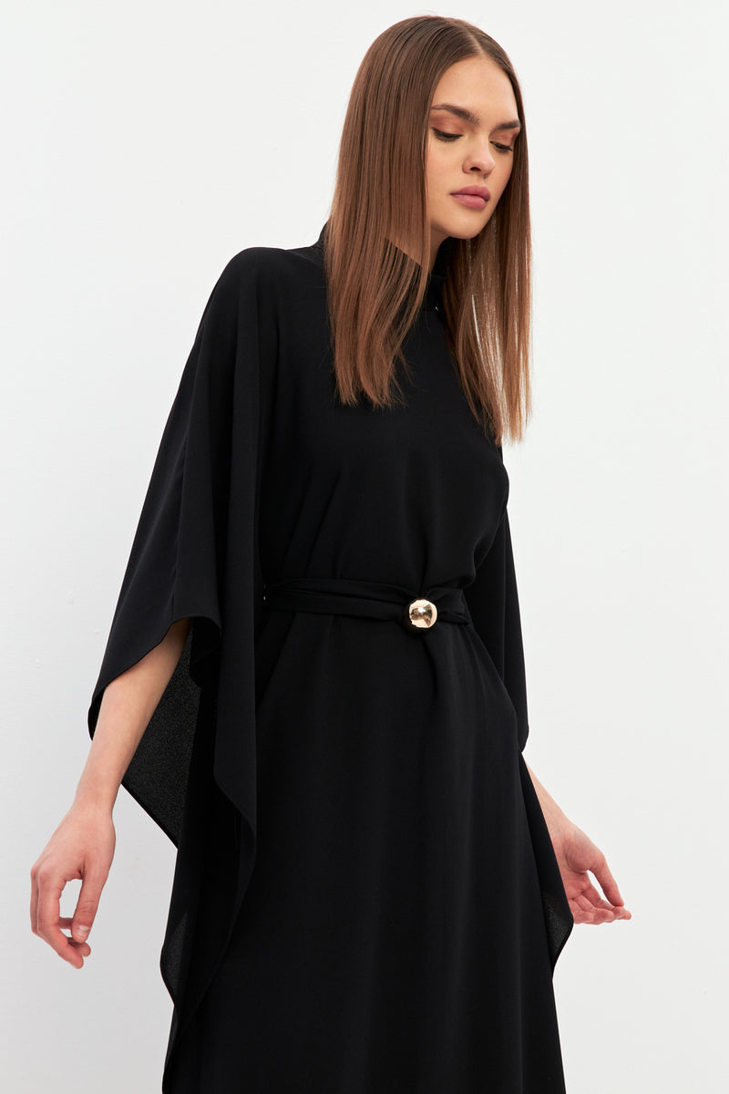 Setre Waist Detailed Turtleneck Long Sleeve Midi Dress Black
