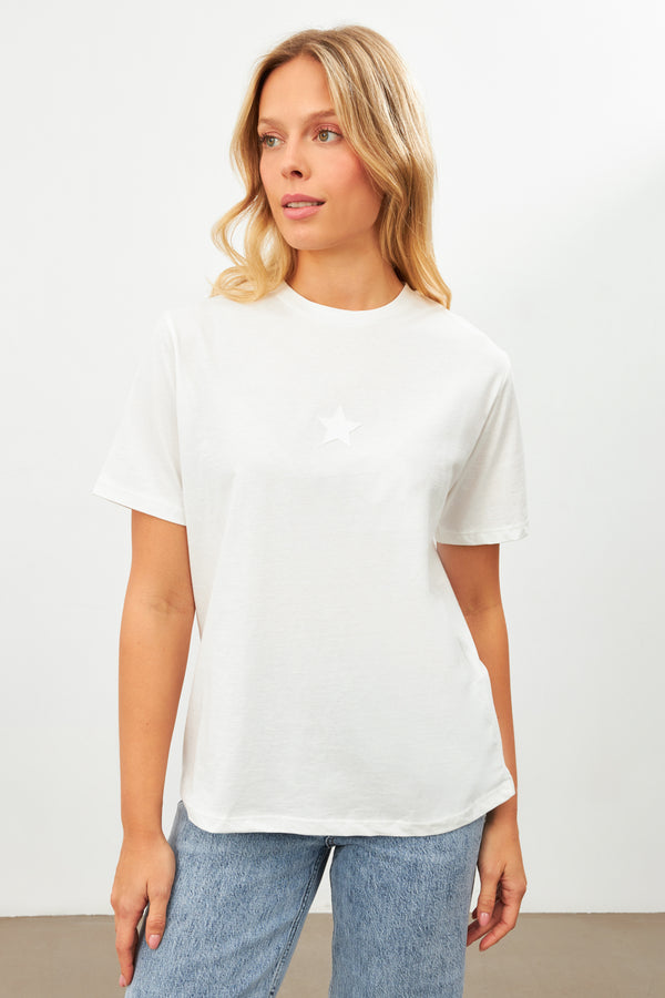 Setre Star Detailed Basic T-Shirt  Ecru