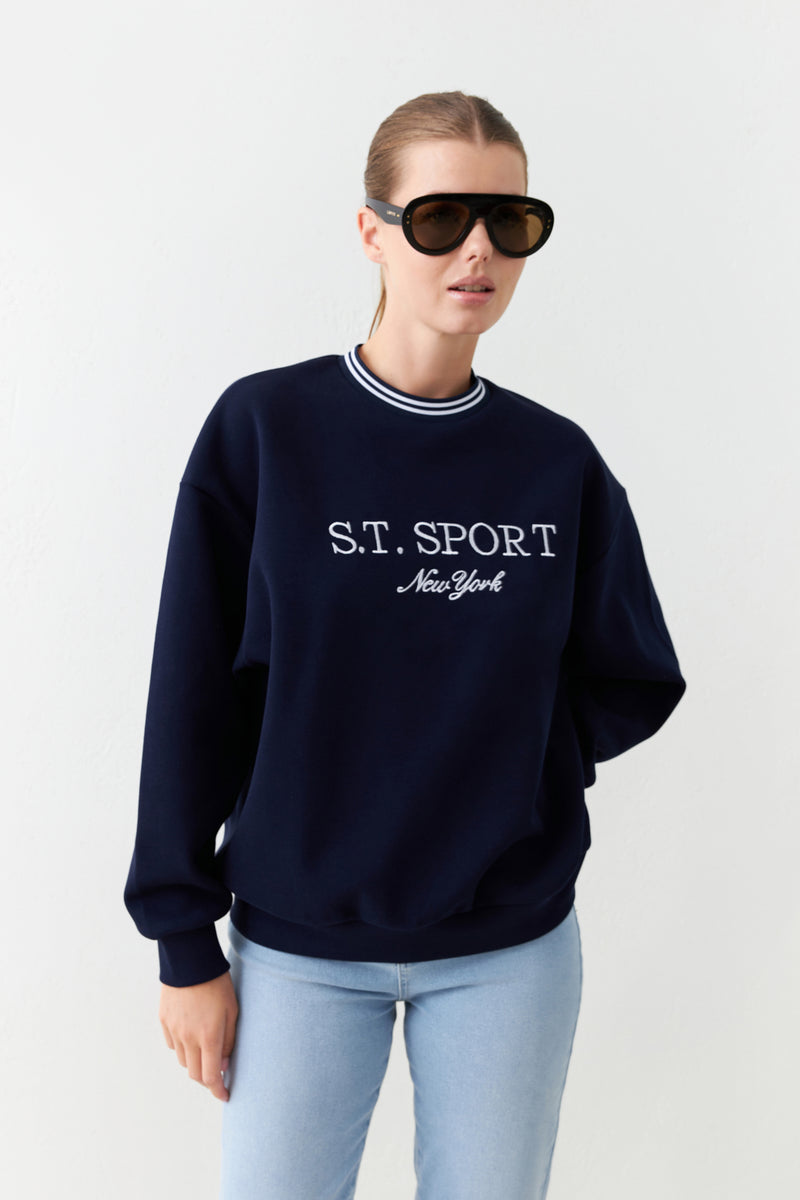 Setre Collar Detailed Print Detailed Sweatshirt Navy