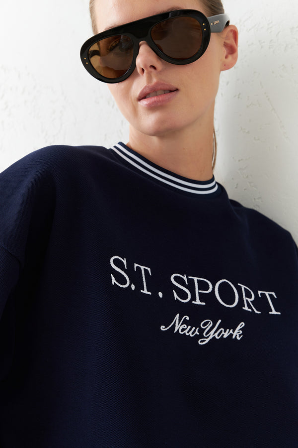 Setre Collar Detailed Print Detailed Sweatshirt Navy