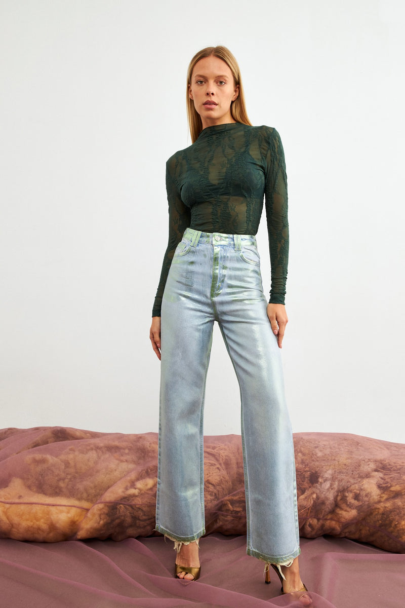 Setre Transparent Lace Detailed Turtleneck Blouse Green