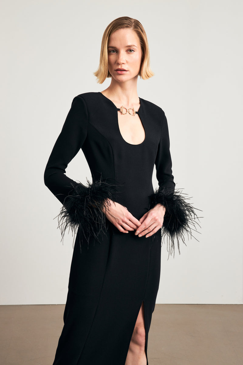 Setre Midi Dress With Feather Sleeves Black