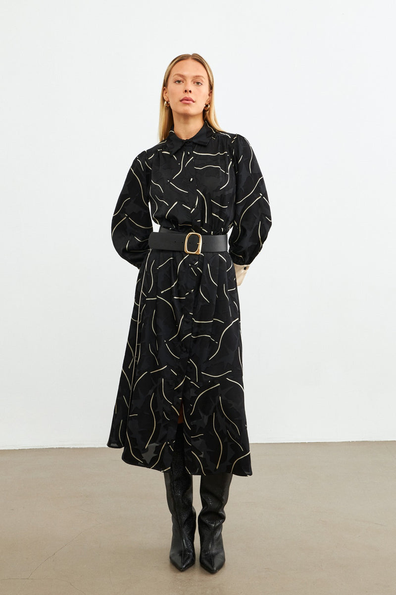 Setre Belt Detailed Patterned Shirt Dress Black