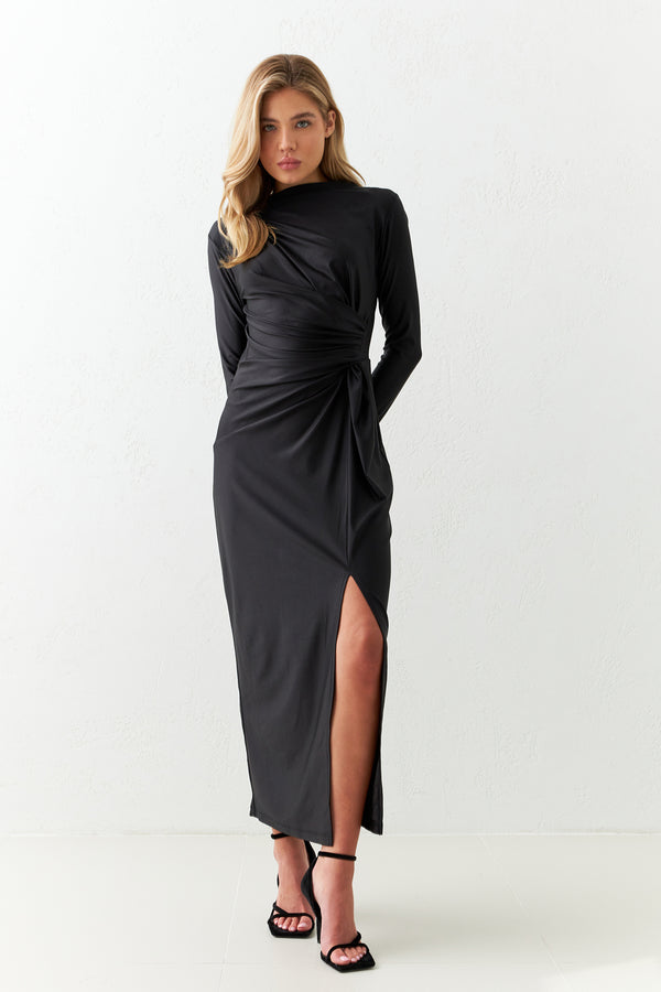 Setre Waist Detailed Long Sleeve Slit Midi Dress Black