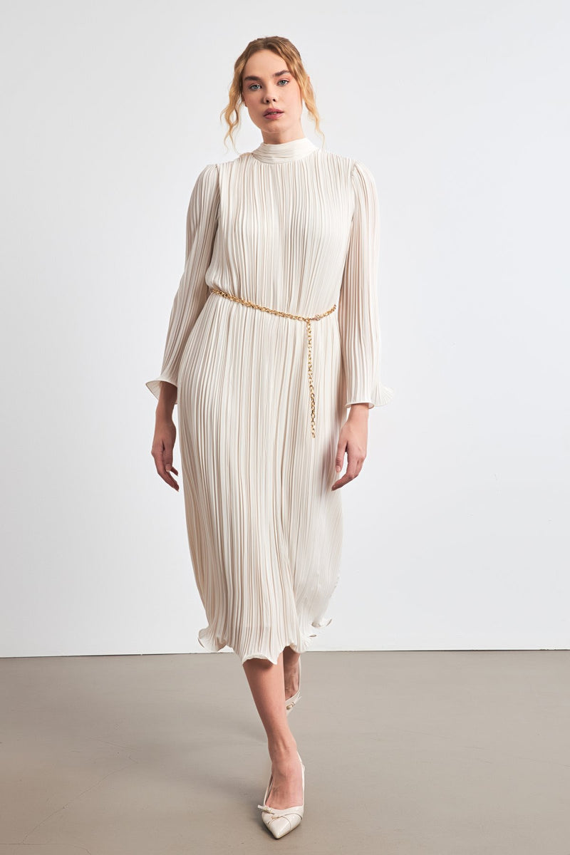 Setre Belt Detailed Pleated Dress Stone