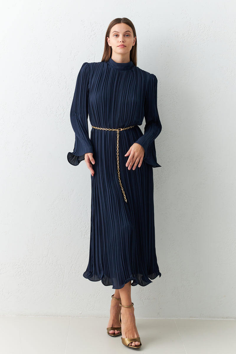 Setre Turtleneck Belt Detailed Midi Full Fit Dress D. Navy