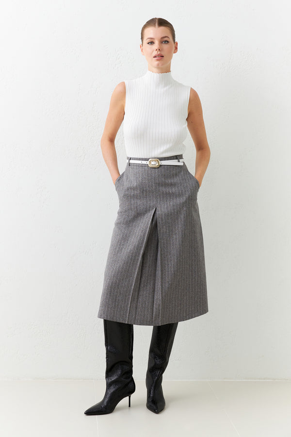 Setre Striped Asymmetrical Detailed Pocket Midi Skirt Grey