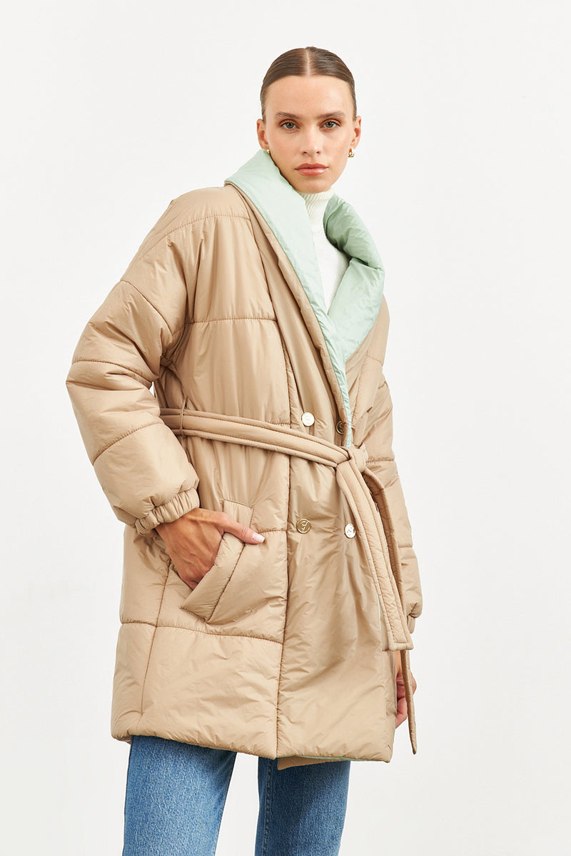 Setre Belt Detailed Puffer Short Coat Beige