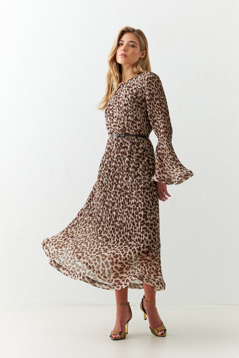 Setre Midi Patterned Dress With Pleats And Sleeve Detail Brown