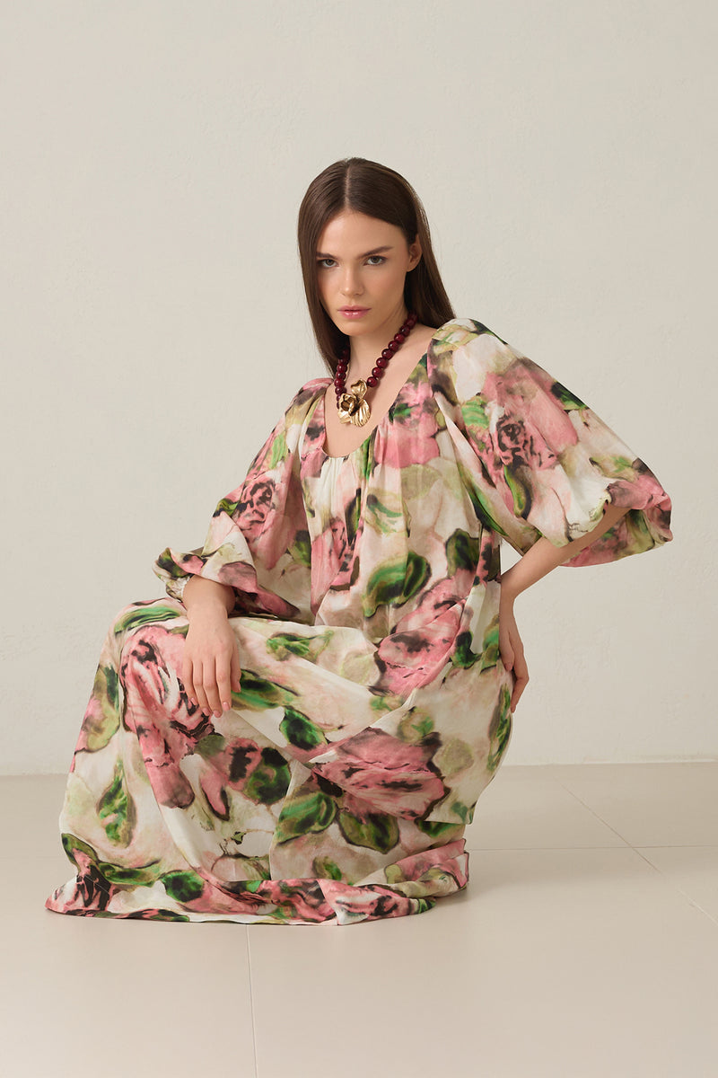 Setre Boat Neck Pattern Detailed Relaxed Cut Dress Pink